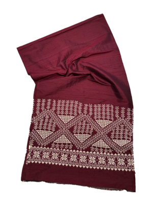 The Embroidered Double Width Thai Silk Scarf in Burgundy
