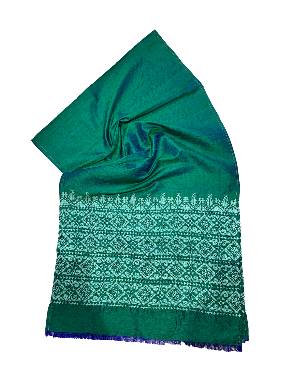 The Embroidered Double Width Thai Silk Scarf in Teal