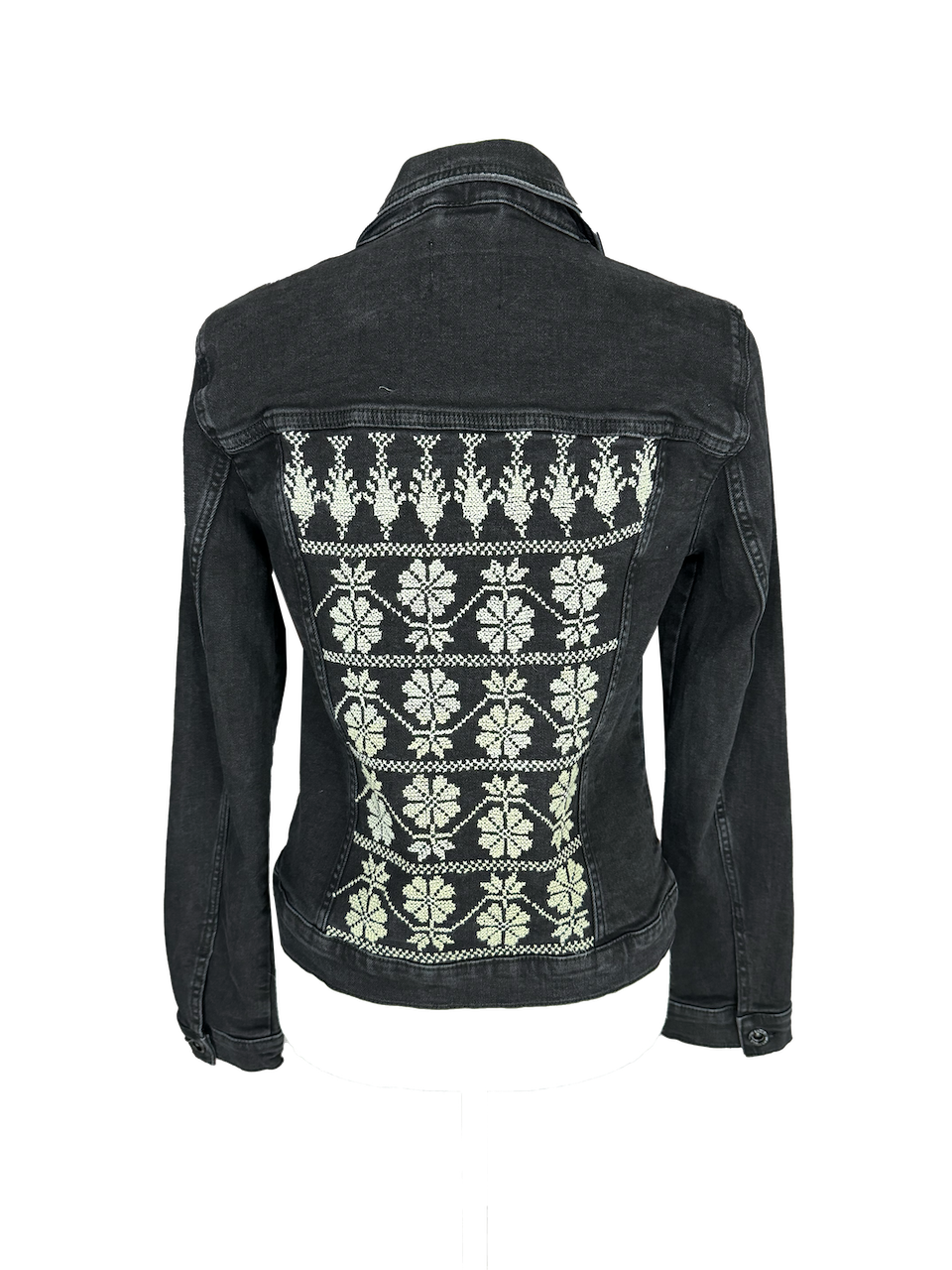 The Heavily Embroidered Denim Jacket in Black with White Floral Embroidery