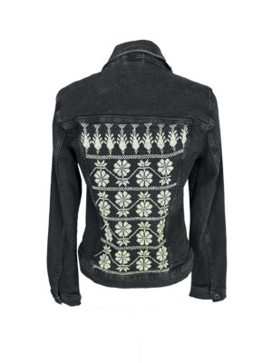 The Heavily Embroidered Denim Jacket in Black with White Floral Embroidery