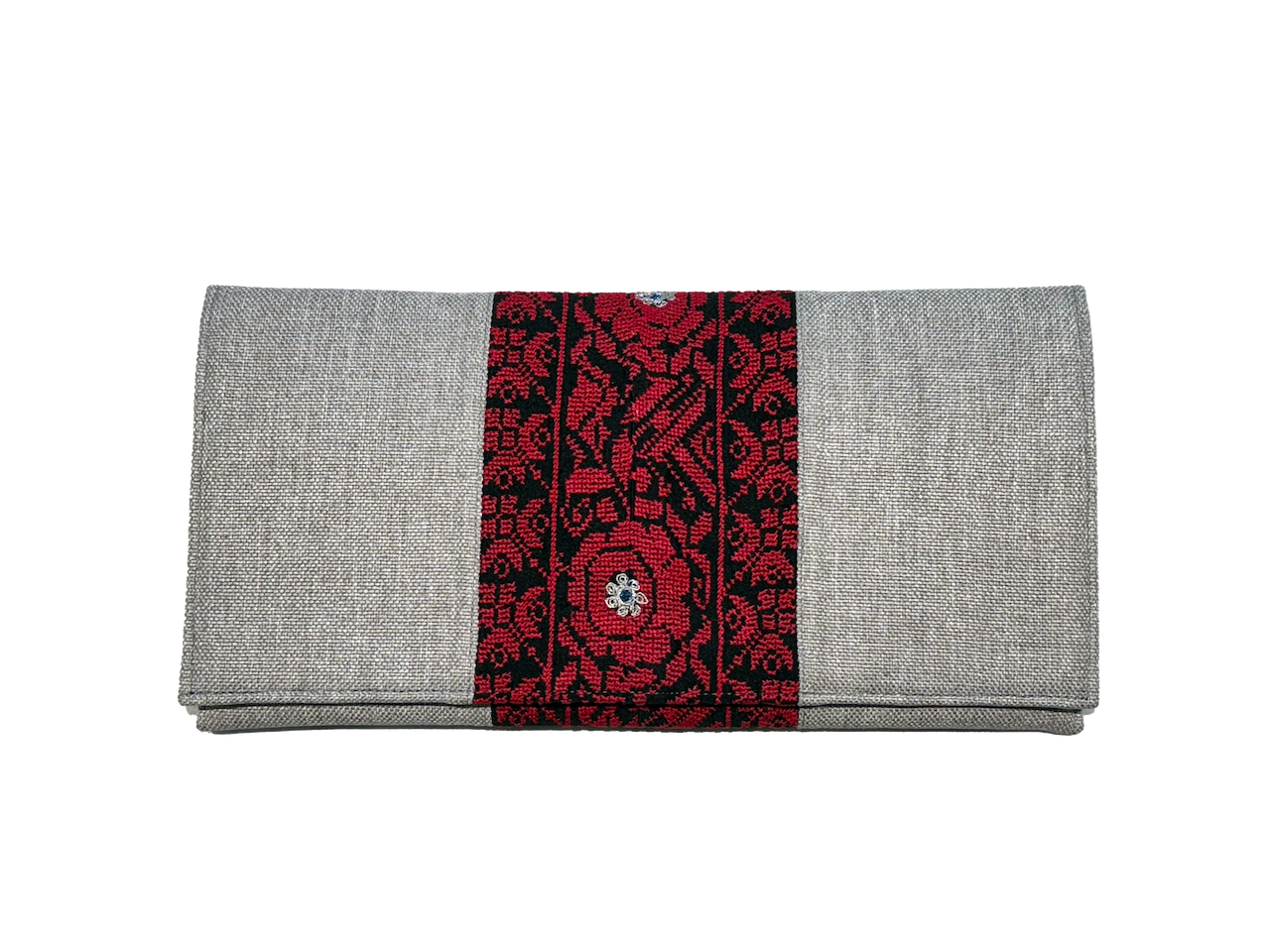 The Hand Embroidered Clutch Bag in Grey, Embroidery Style: Red
