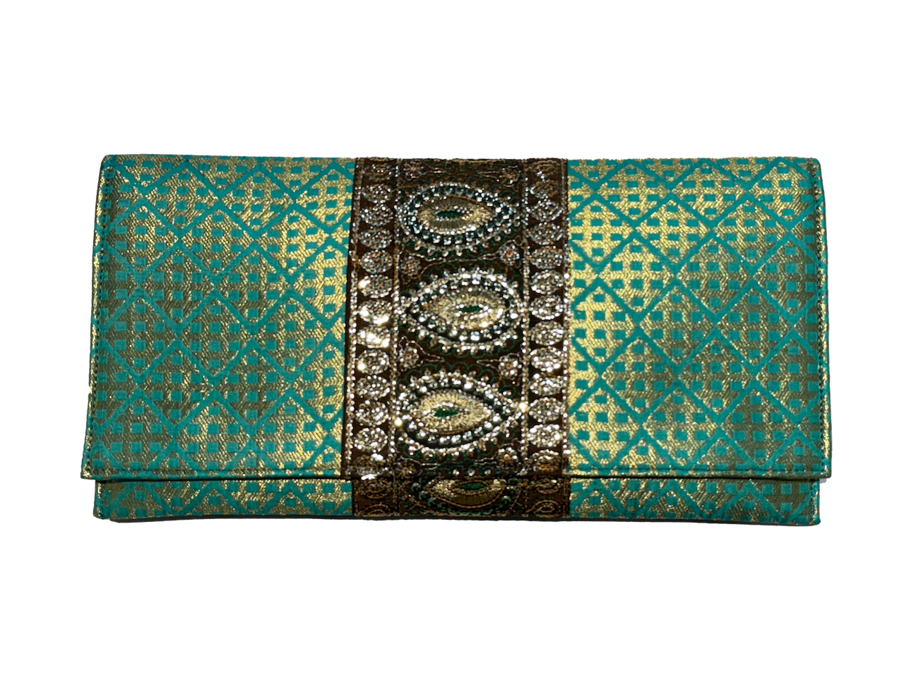 The Hand Embroidered Clutch Bag in Green Satin
