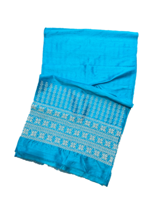 The Embroidered Double Width Thai Silk Scarf in Turquoise