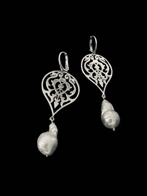 Arabesque large silver earrings with Baroque pearl drop