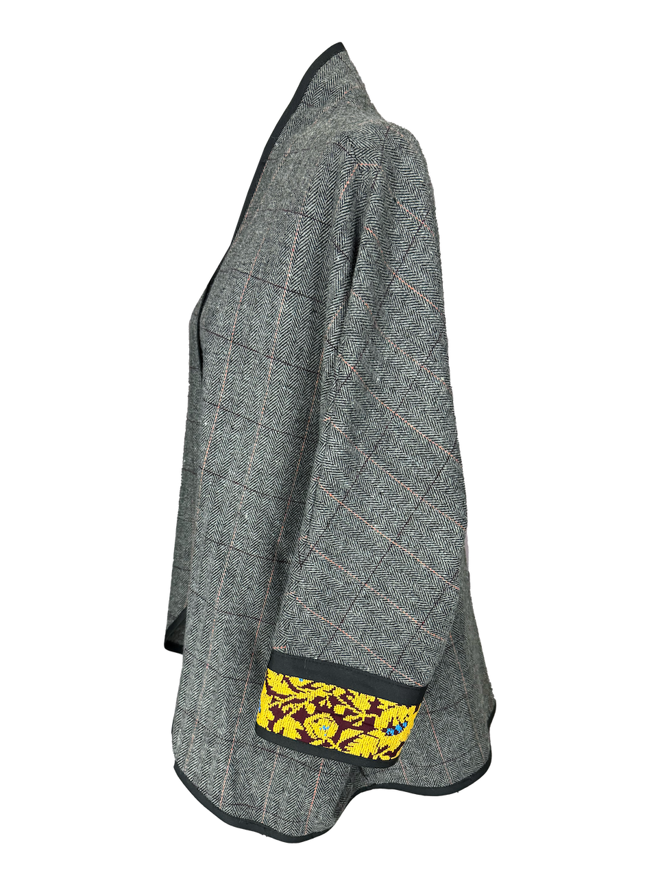 The Round Jacket in Grey Tweed, Embroidery Style: Yellow