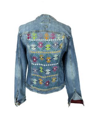 The Heavily Embroidered Denim Jacket in Light Blue with Silk Accents