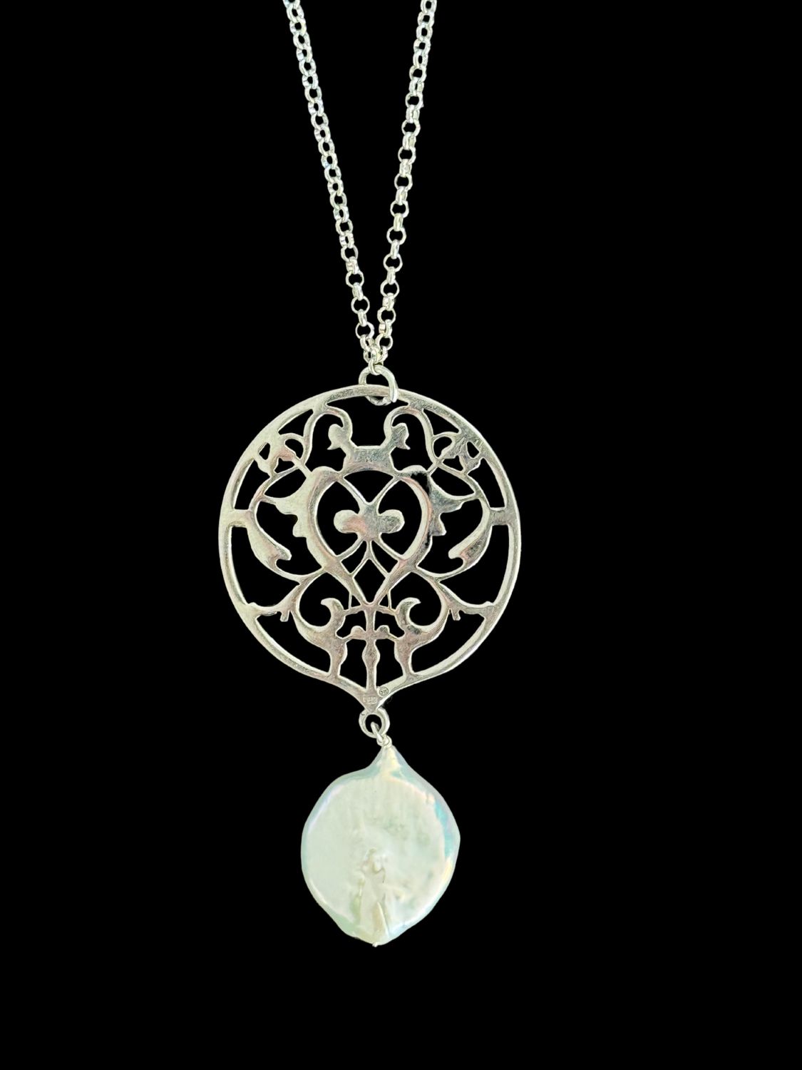 Chain Necklace With Round Arabesque Pendant and Pearl Drop.