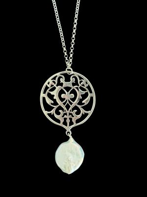 Chain Necklace With Round Arabesque Pendant and Pearl Drop.
