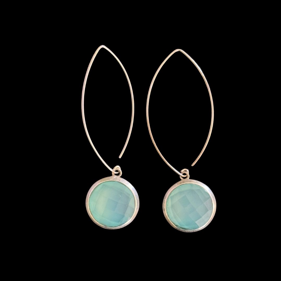 Oval Hook Earrings With Hand Cut Gemstone and Silver Border
