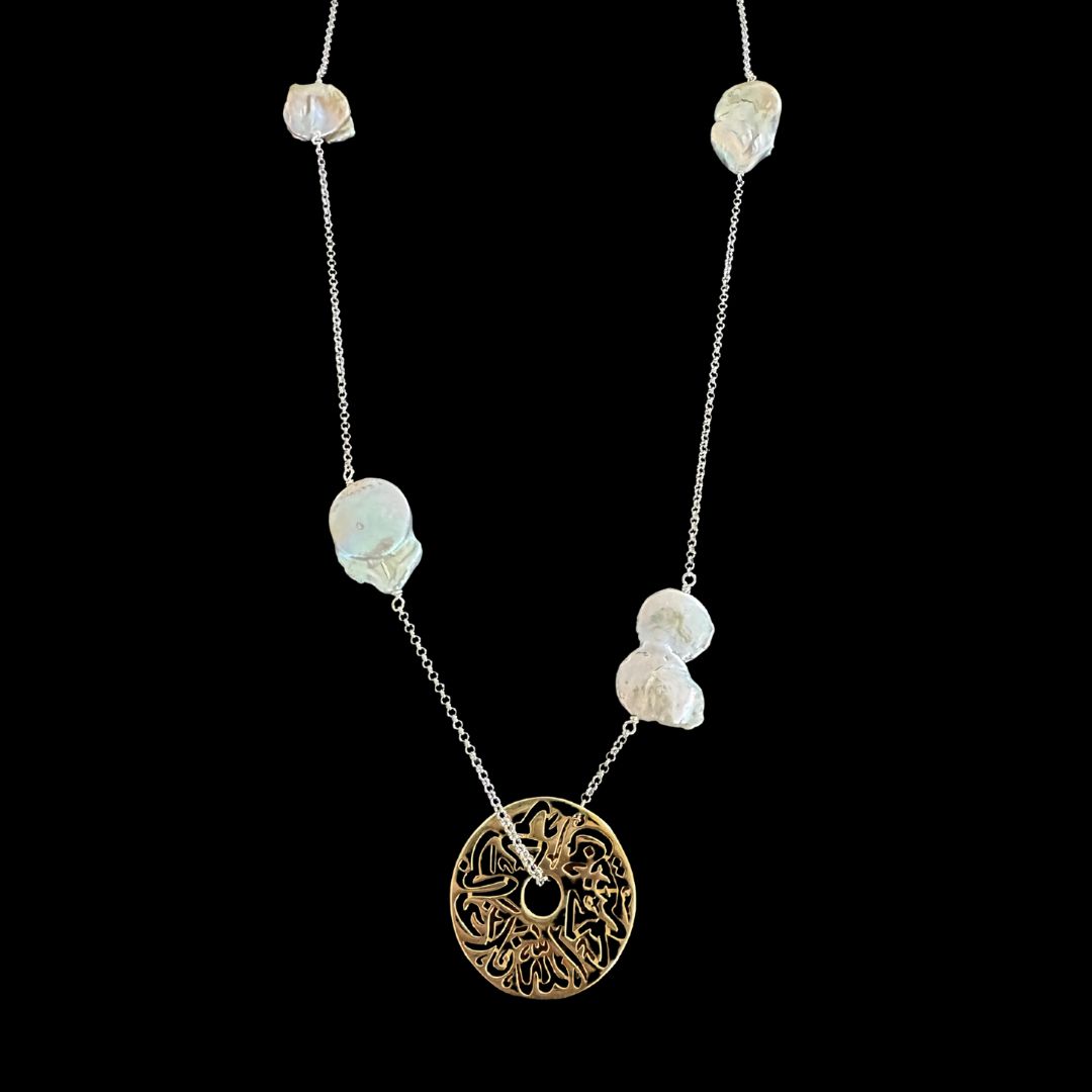 Gold Plated Medium Disc With Long Silver Chain and Pearls