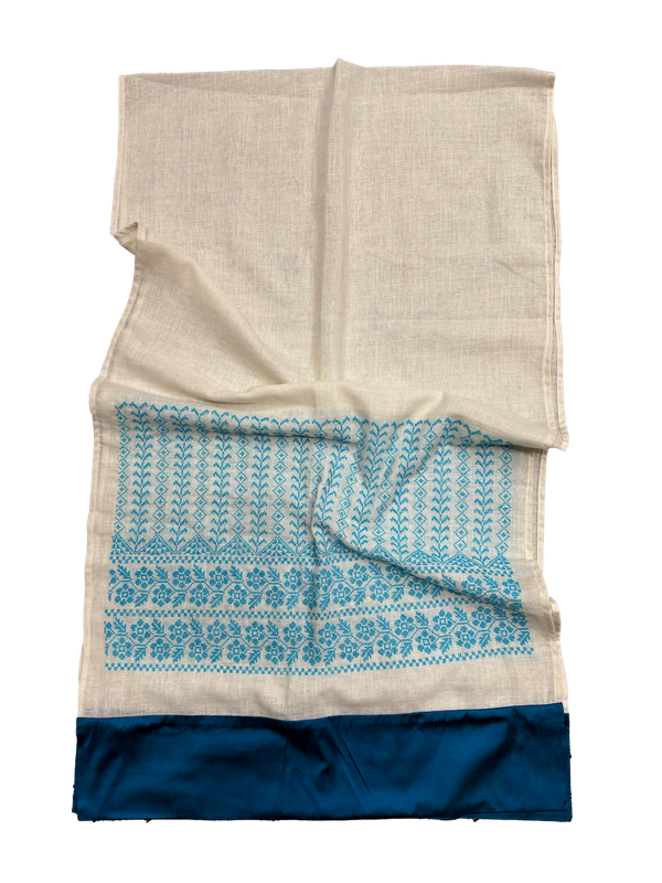 The Embroidered Scarf in White With Thai Silk Trim