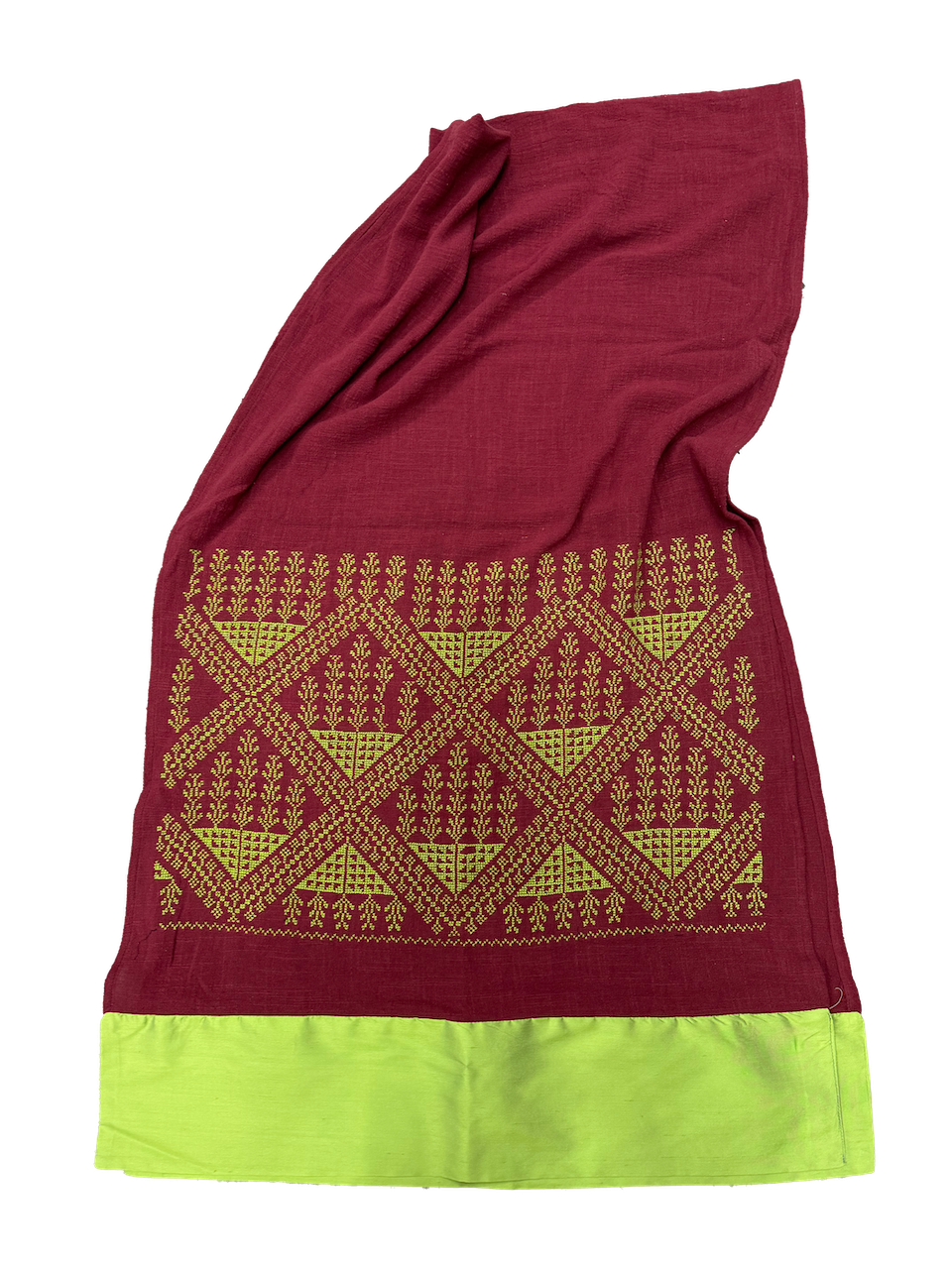 The Embroidered Scarf in Burgundy With Thai Silk Trim