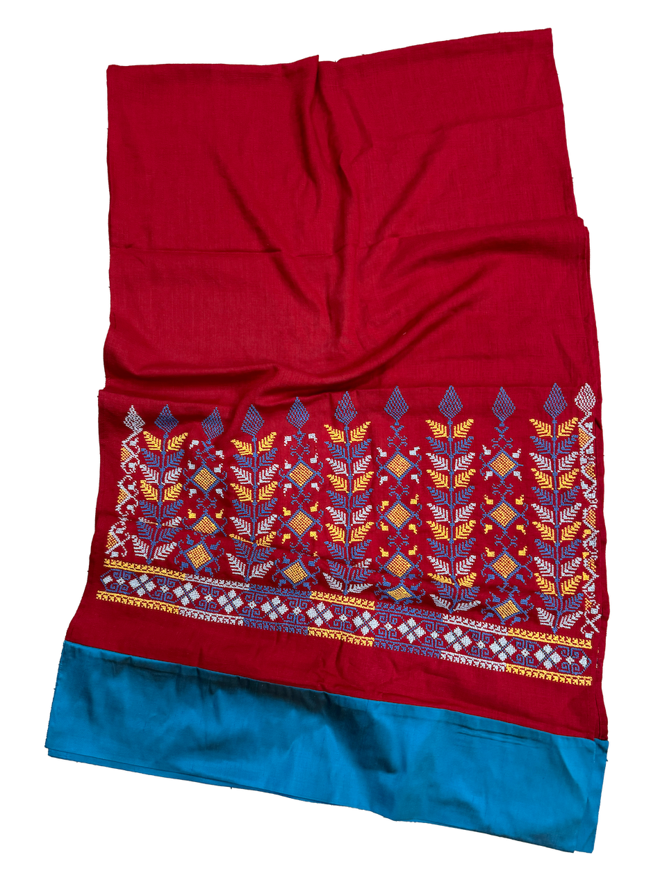 The Embroidered Scarf in Red With Thai Silk Trim
