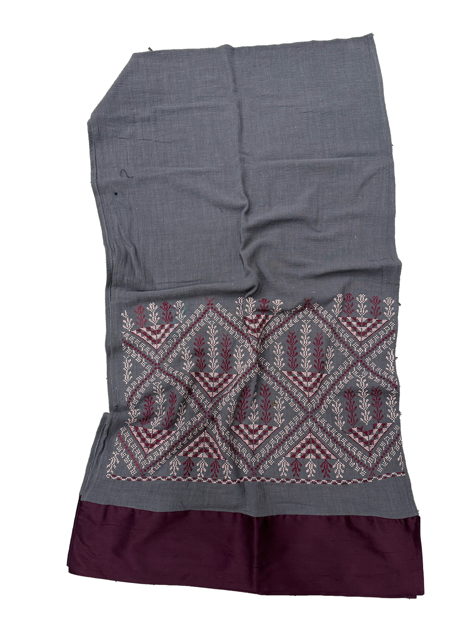 The Embroidered Scarf in Dark Grey With Thai Silk Trim