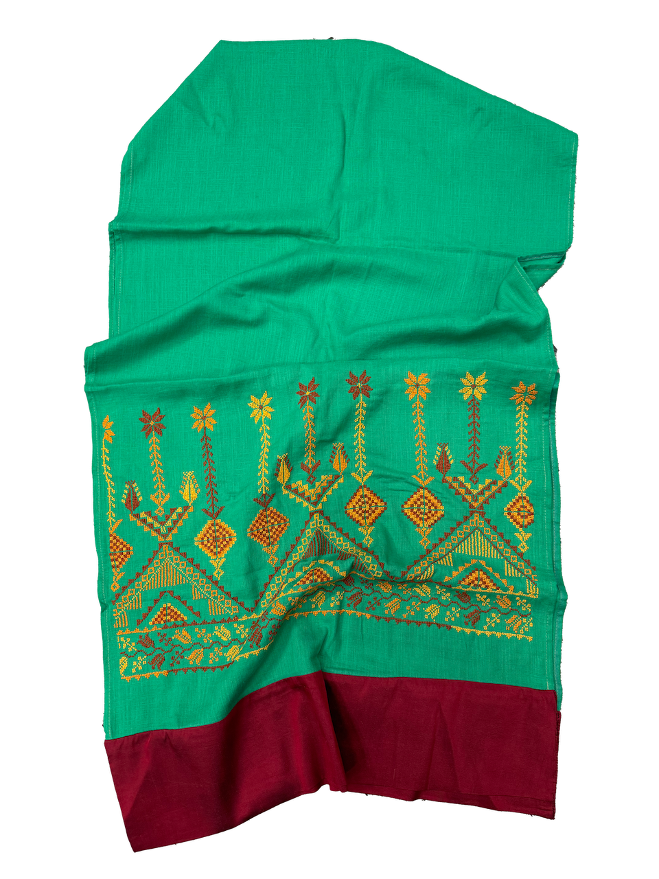 The Embroidered Scarf in Green With Thai Silk Trim