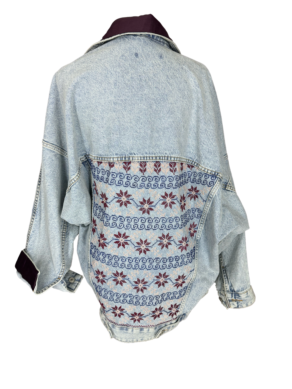 The Heavily Embroidered Denim Jacket in Light Blue with Burgundy Silk