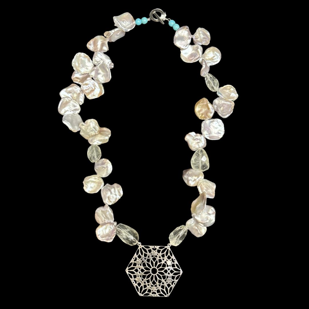 Pearl Necklace With Large Hexagon Pendant