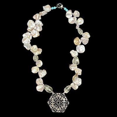 Pearl Necklace With Large Hexagon Pendant