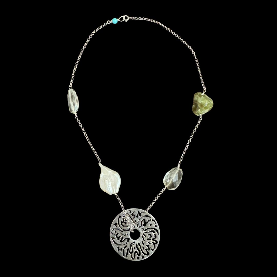 Medium Disc on Silver Chain With Gemstones