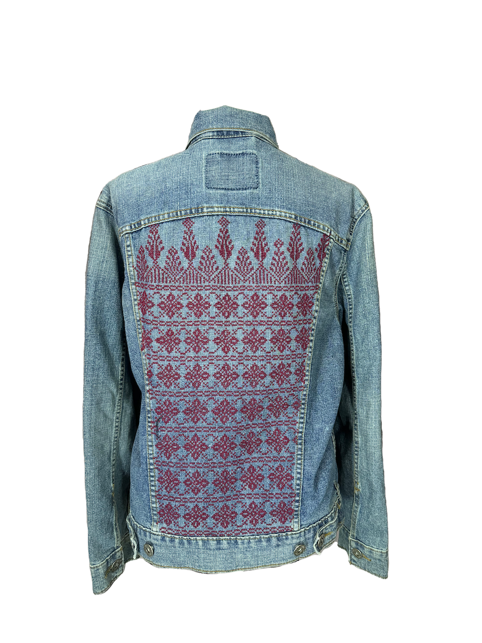 The Lightly Embroidered Denim Jacket in Burgundy