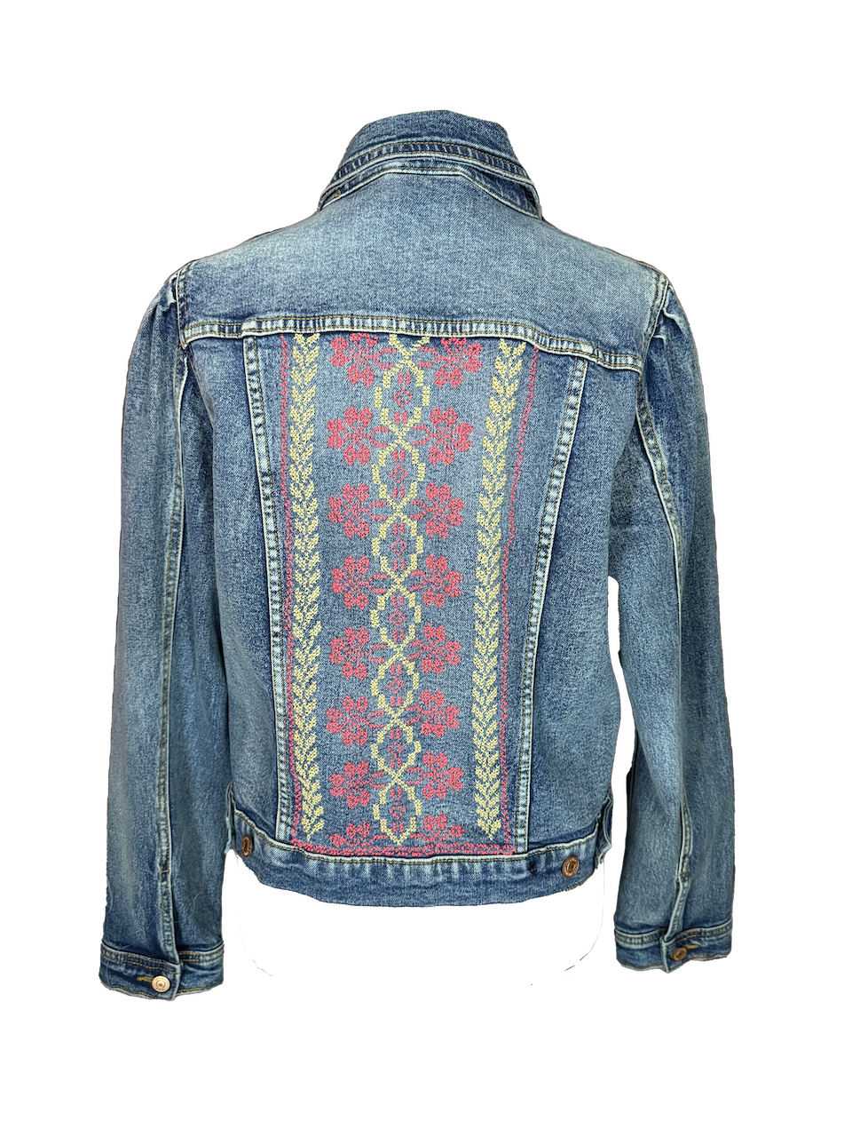 The Embroidered Denim Jacket in Beige and Pink