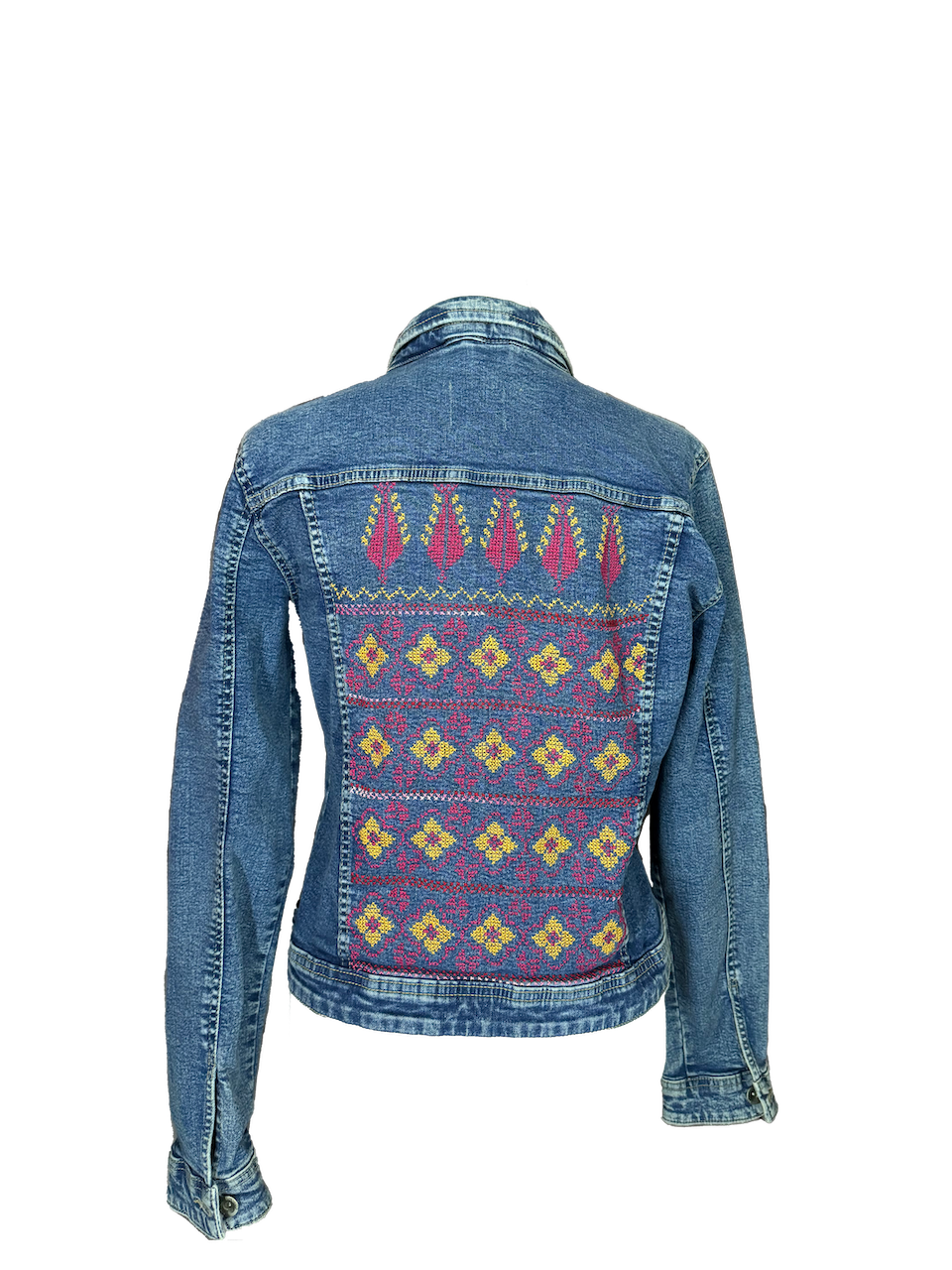 The Lightly Embroidered Denim Jacket in Pink and Yellow