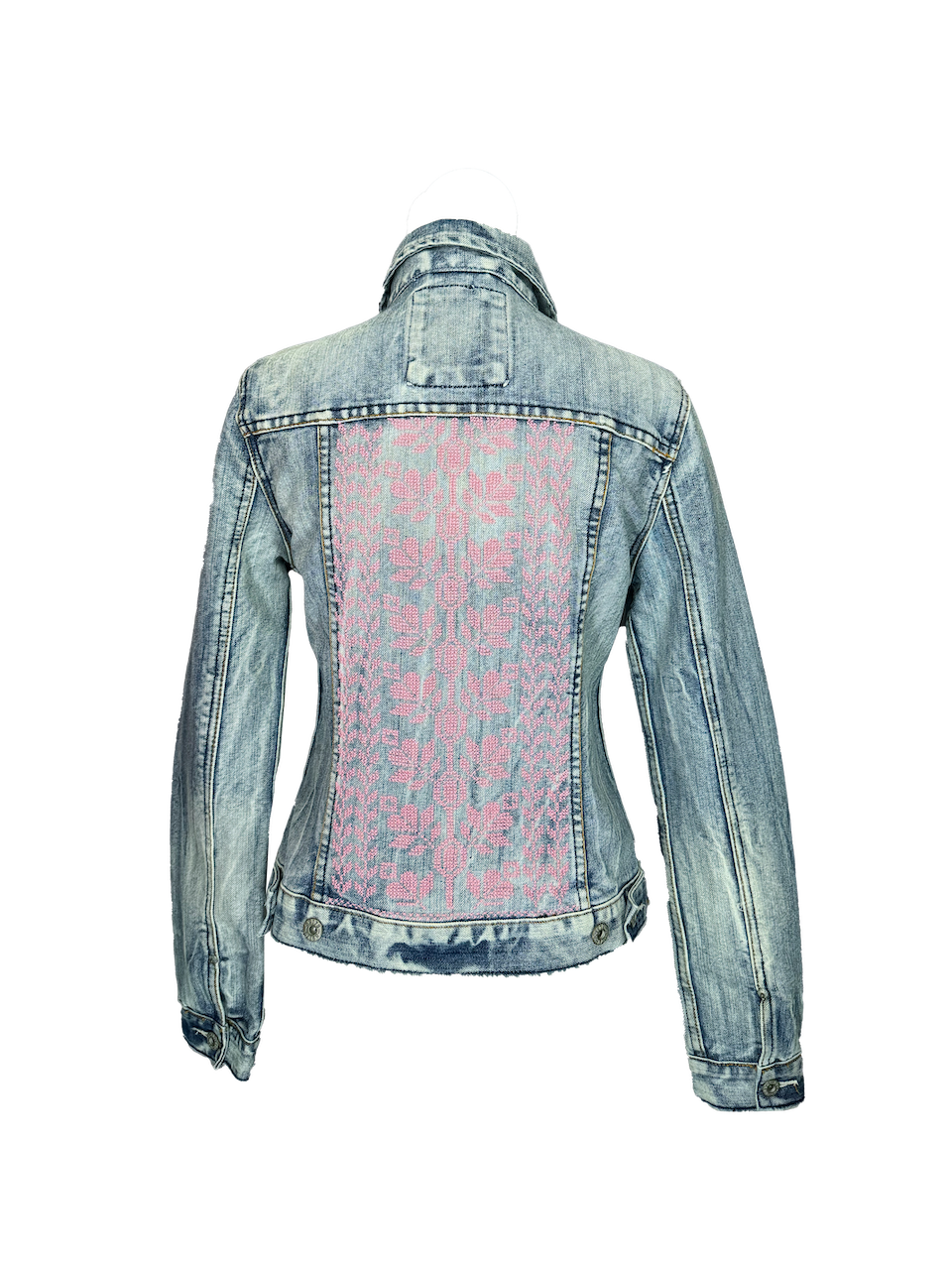 The Embroidered Denim Jacket in Pastel Pink