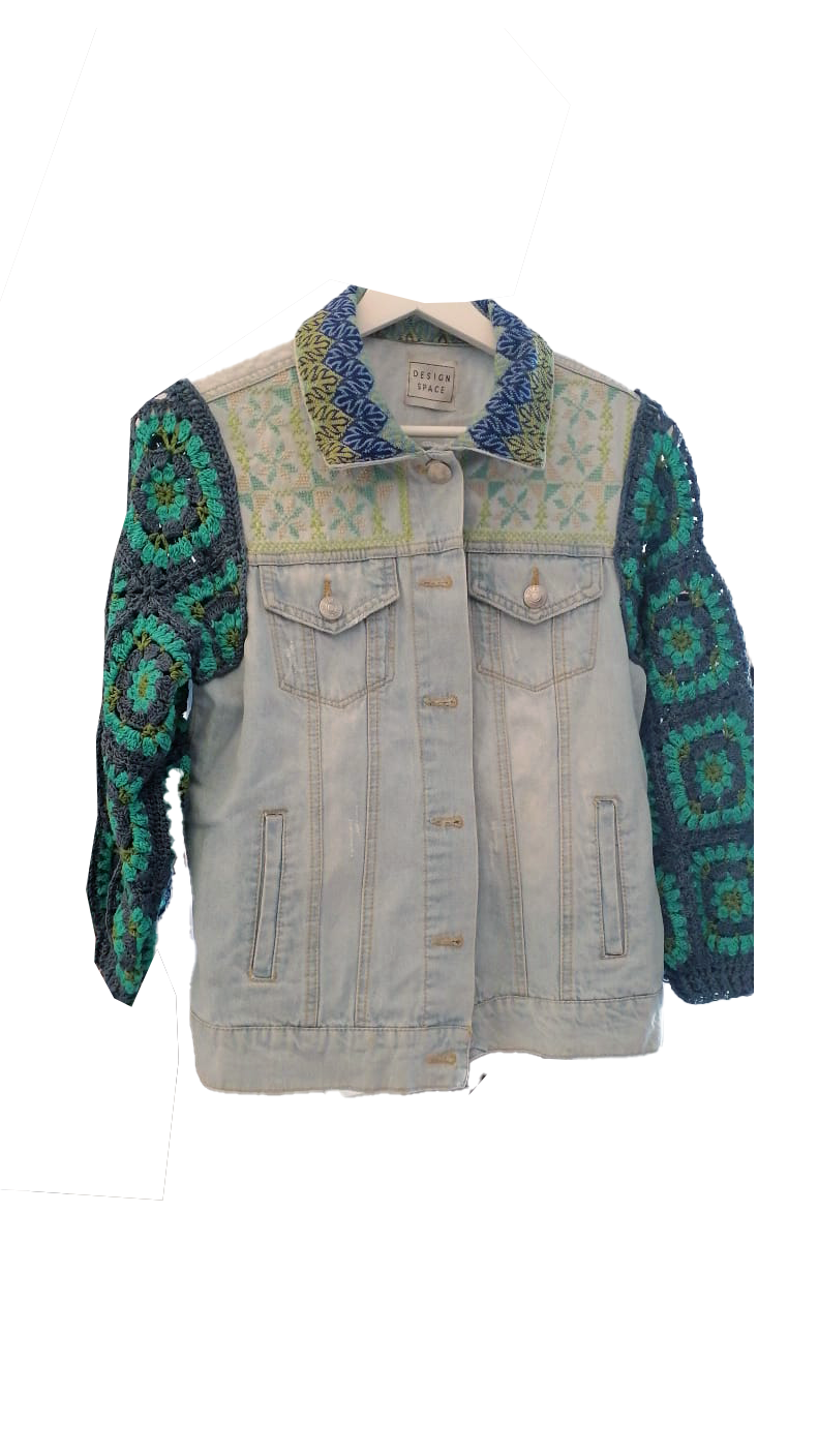 The Heavily Embroidered Denim Jacket with Crochet Sleeves in Teal