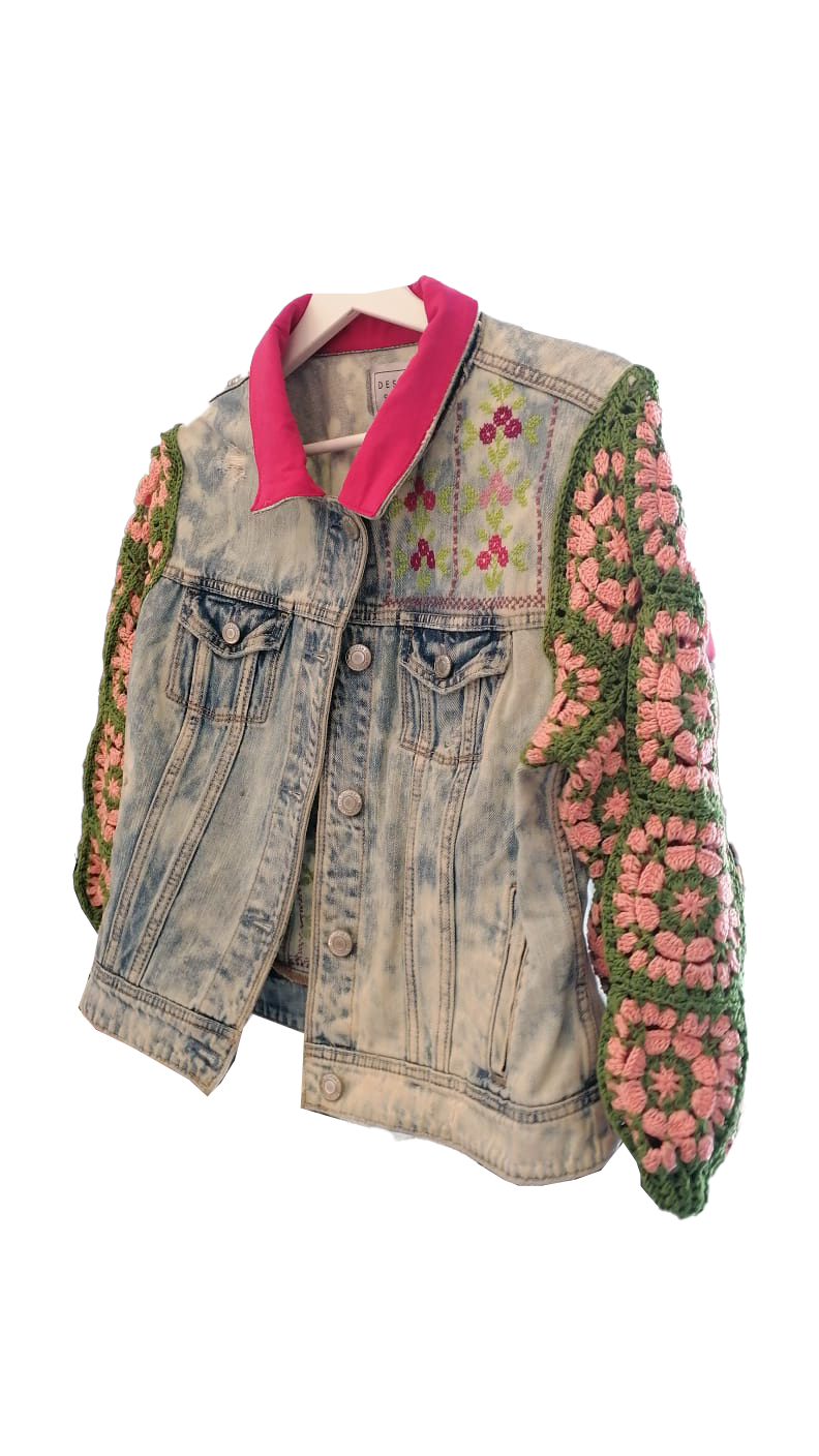 The Heavily Embroidered Denim Jacket with Crochet Sleeves in Green and Pink