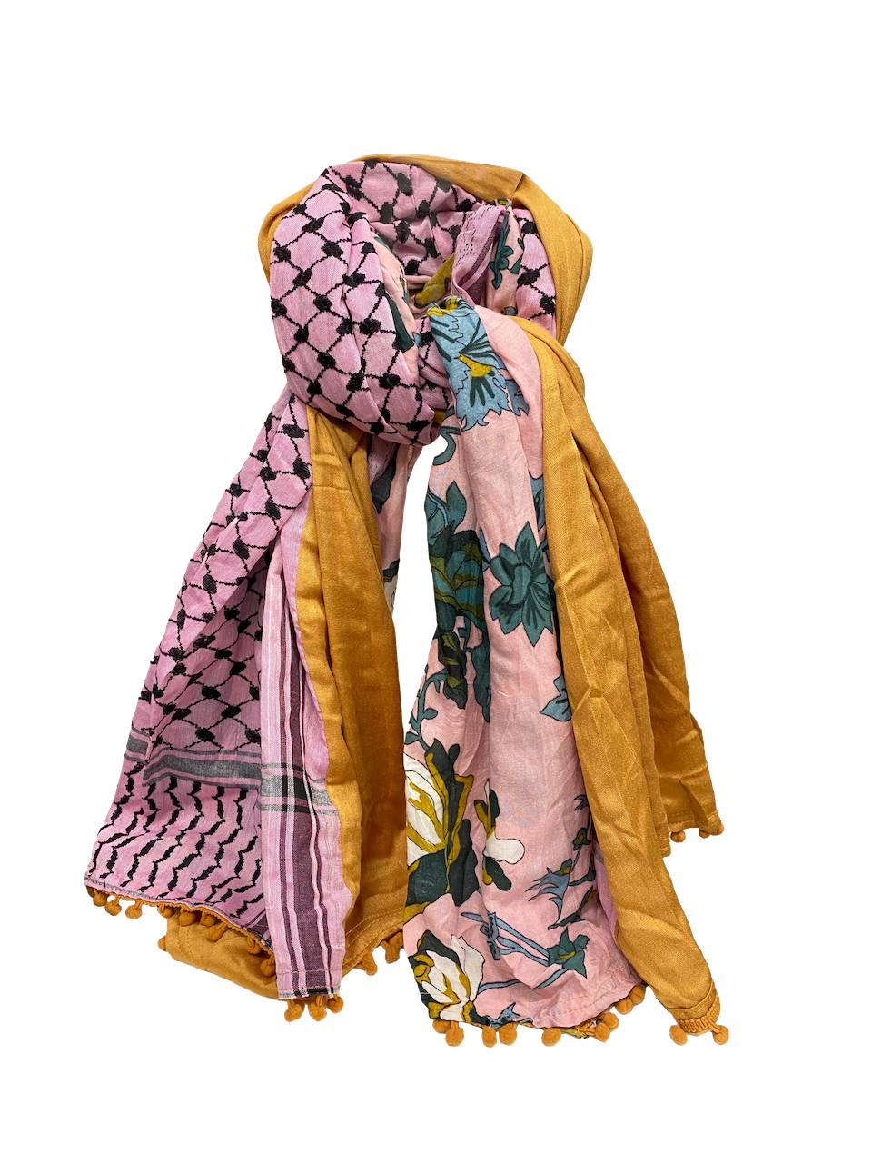 Hatta and Two Fabric Scarf in Pink and Mustard