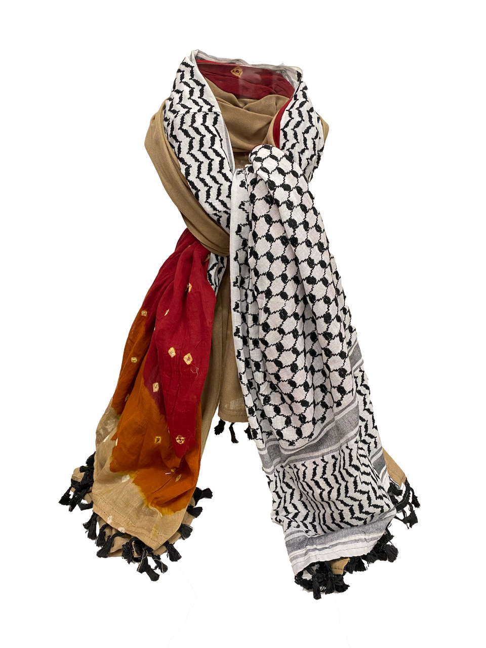 Hatta and Two Fabric Scarf in Red and Light Brown