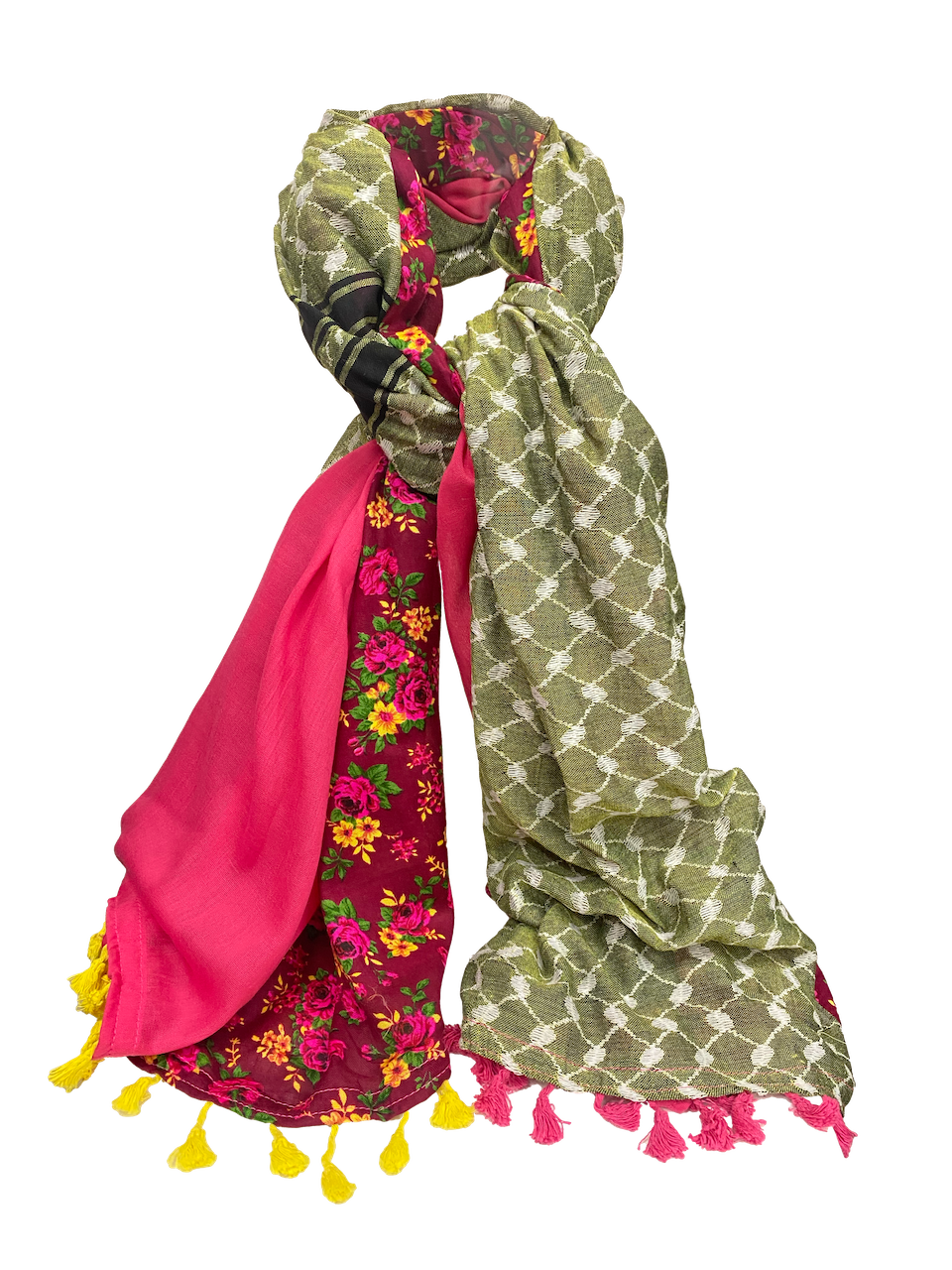 Hatta and Two Fabric Scarf in Bright Pink and Green