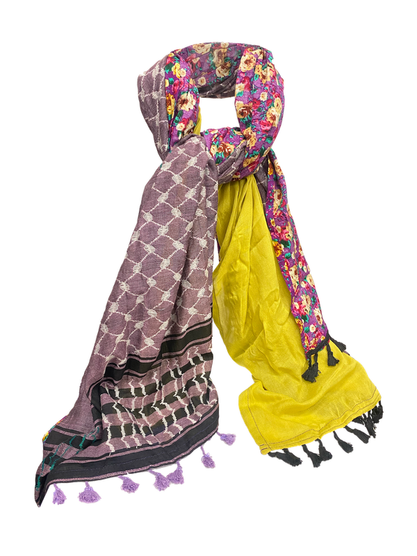 Hatta and Two Fabric Scarf in Purple and Yellow Green