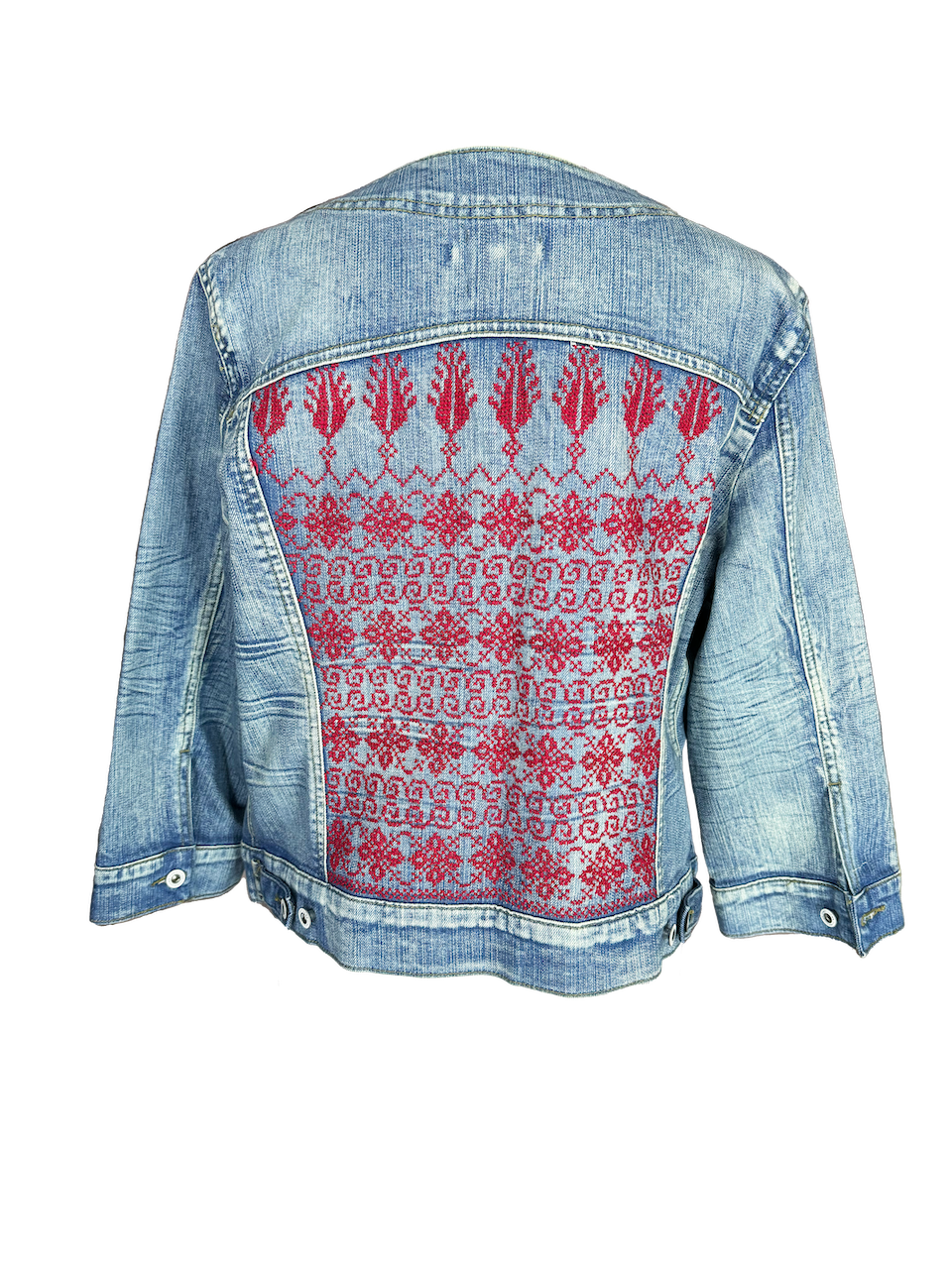 The Embroidered Denim Jacket in Burgundy
