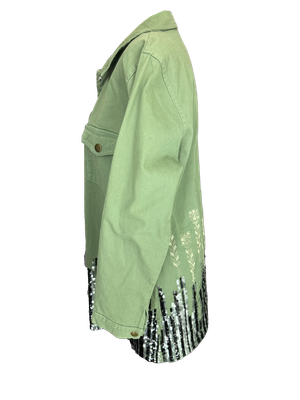 The Heavily Embroidered  Denim Jacket in Olive Green