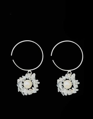 Silver Hoop Earrings With Gemstone Flowers