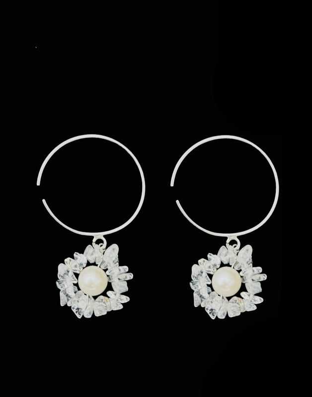 Silver Hoop Earrings With Gemstone Flowers