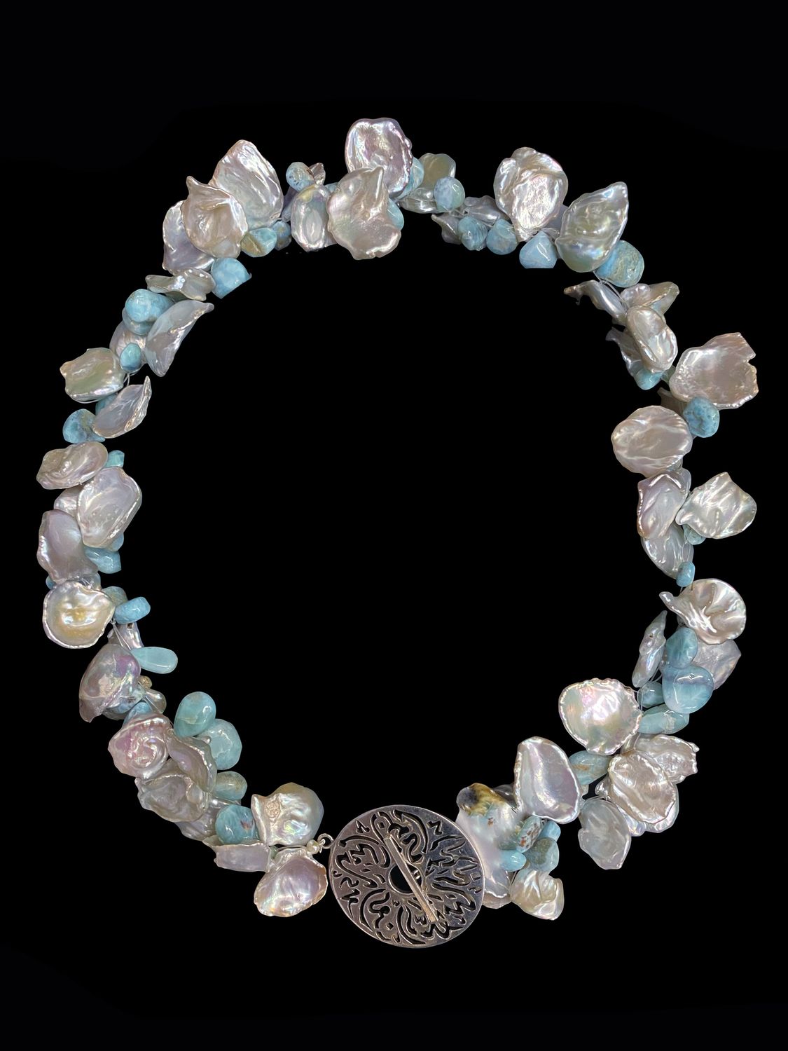 Medium Disc Necklace With Pearls and Blue Opal
