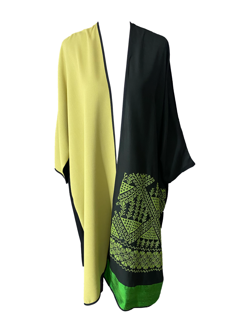 Abaya with Hand Embroidery in Green and Yellow