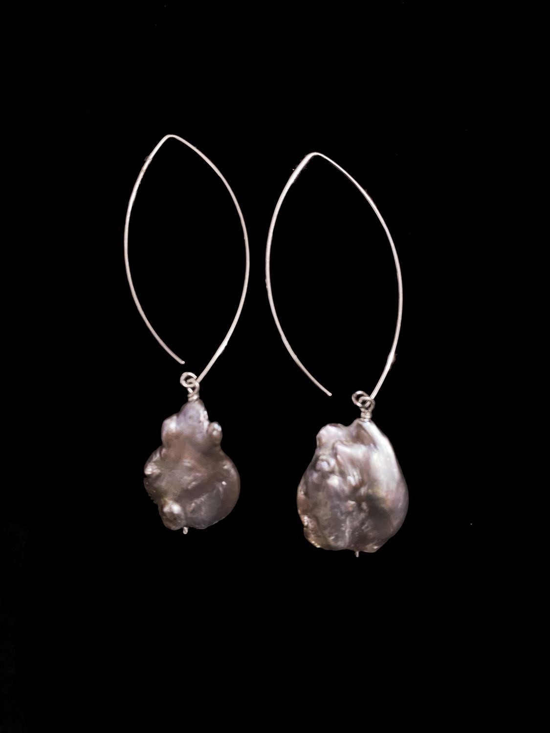 Large Silver Oval Hook Earrings with Baroque Pearl Drops