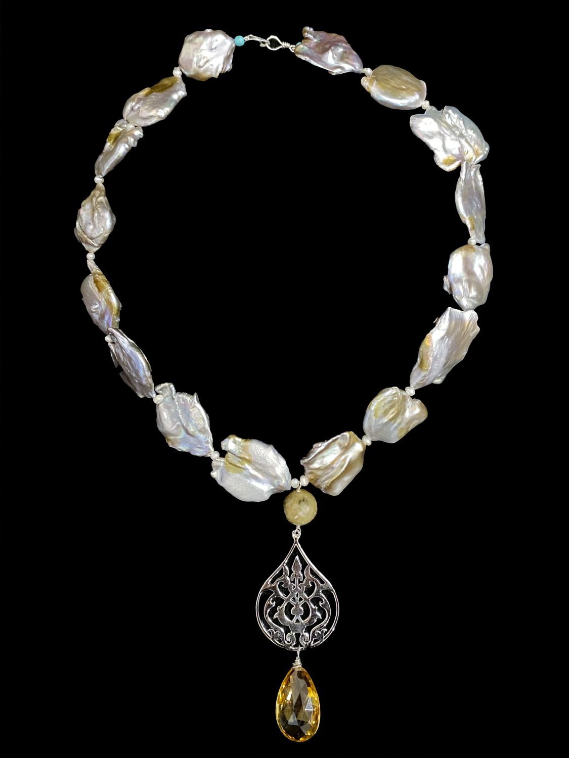 Arabesque Necklace With Baroque Pearls and Cut-Stone Drop
