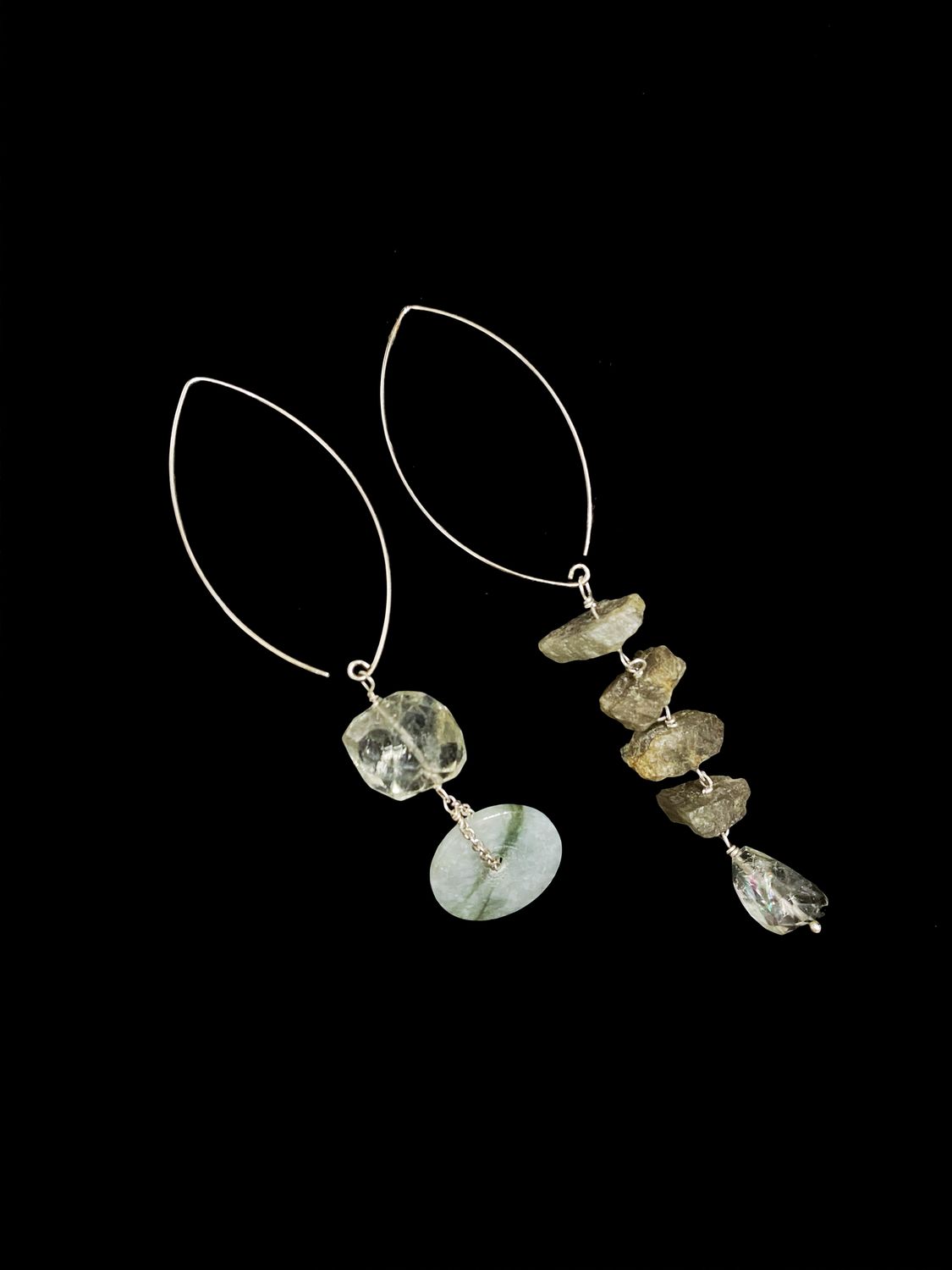 Asymmetric Earrings with Gemstones on Oval Hook