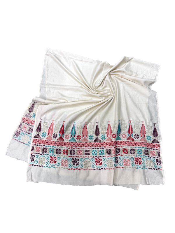 The Wide Embroidered Silk Scarf in White