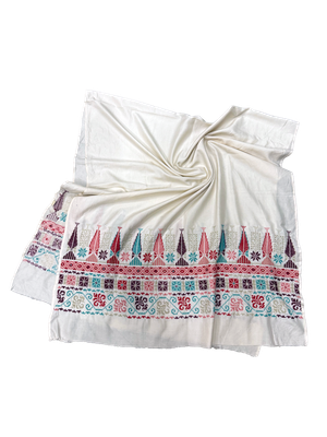 The Wide Embroidered Silk Scarf in White