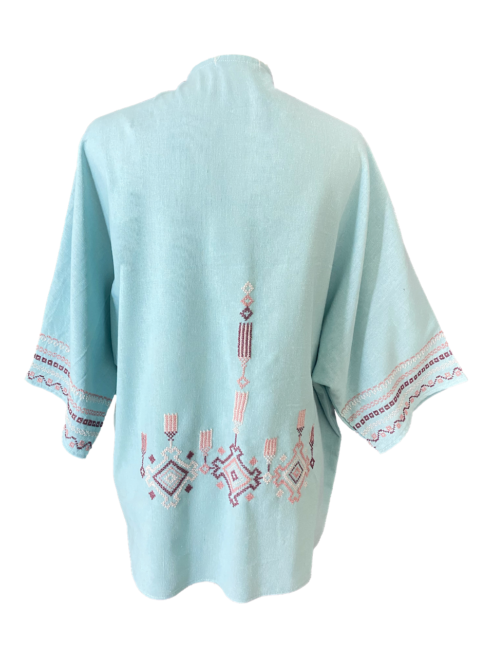The Short Sleeve Linen Jacket With Hand Embroidery in Turquoise