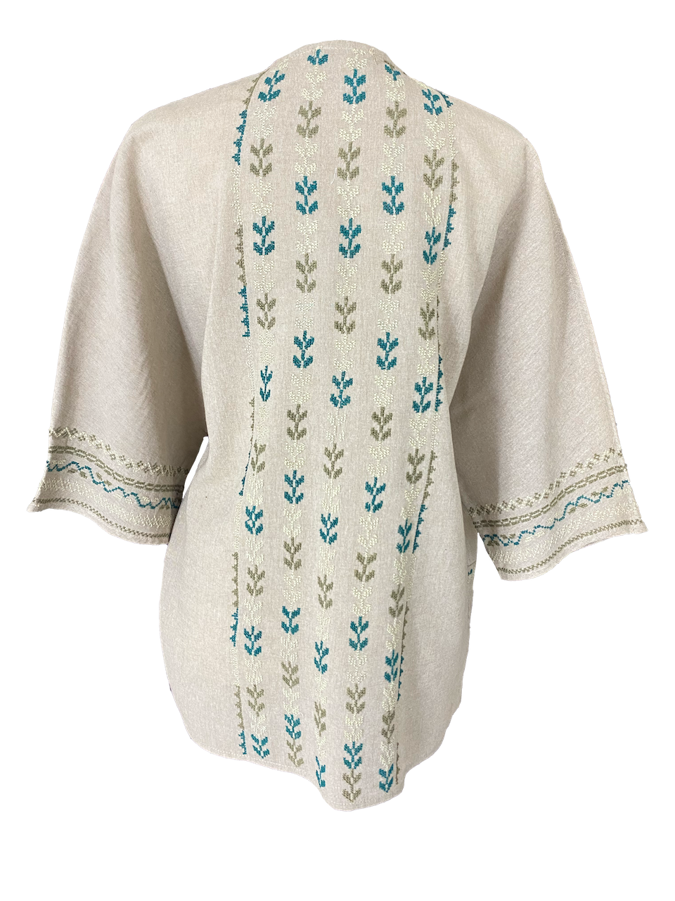 The Short Sleeve Linen Jacket With Heavy Hand Embroidery in Beige