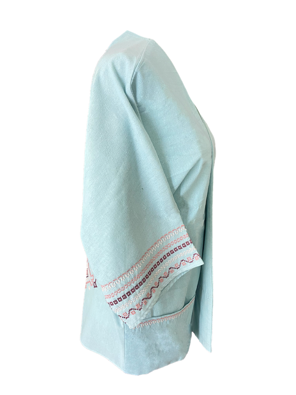 The Short Sleeve Linen Jacket With Hand Embroidery in Turquoise