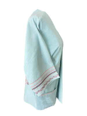 The Short Sleeve Linen Jacket With Hand Embroidery in Turquoise