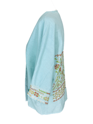 The Short Sleeve Linen Jacket With Heavy Hand Embroidery in Blue