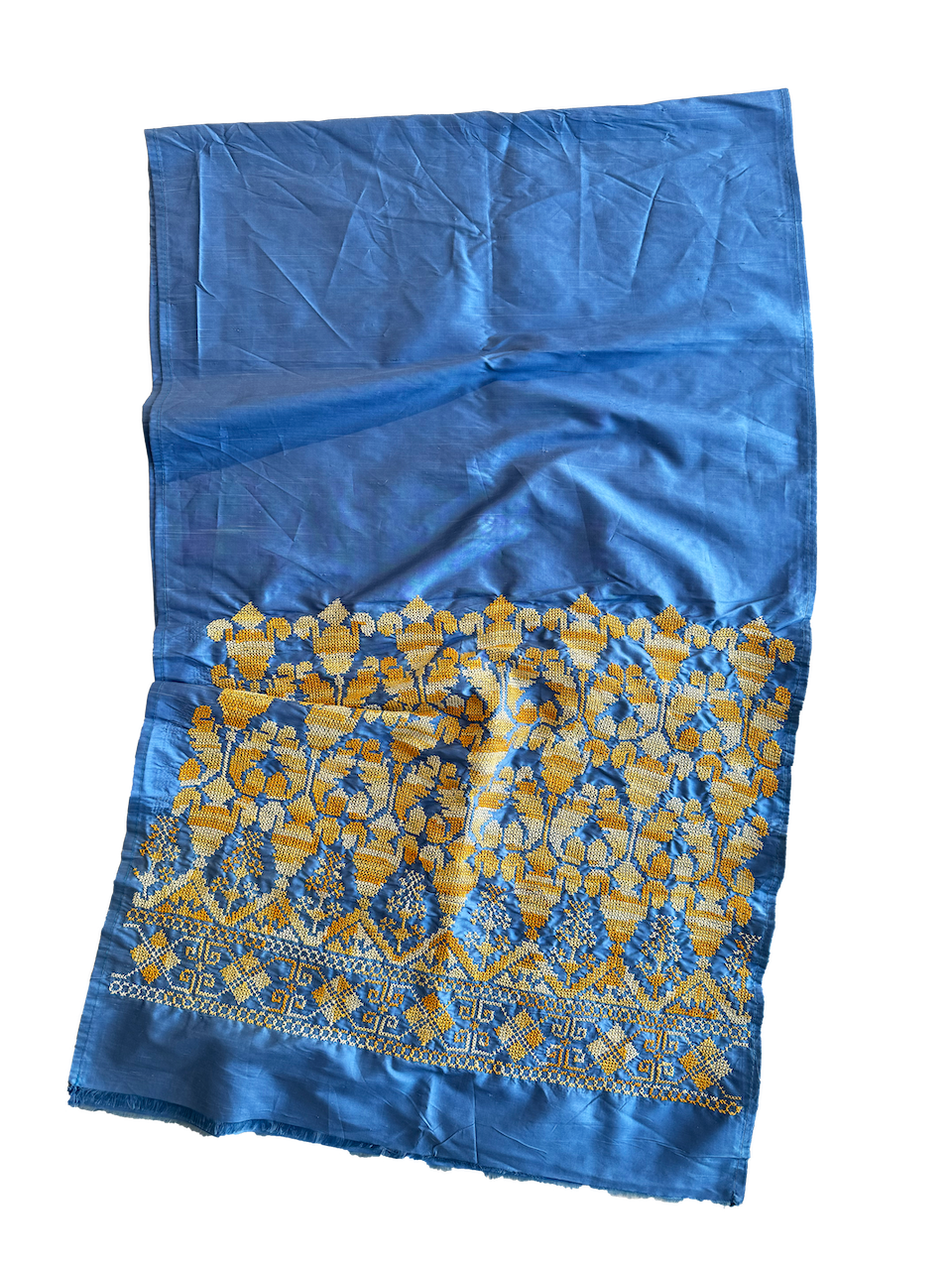 The Embroidered Double Width Thai Silk Scarf in Blue